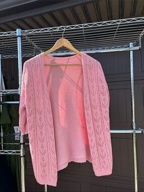 Amazon Pink Open-Front Eyelet Knit Cardigan
